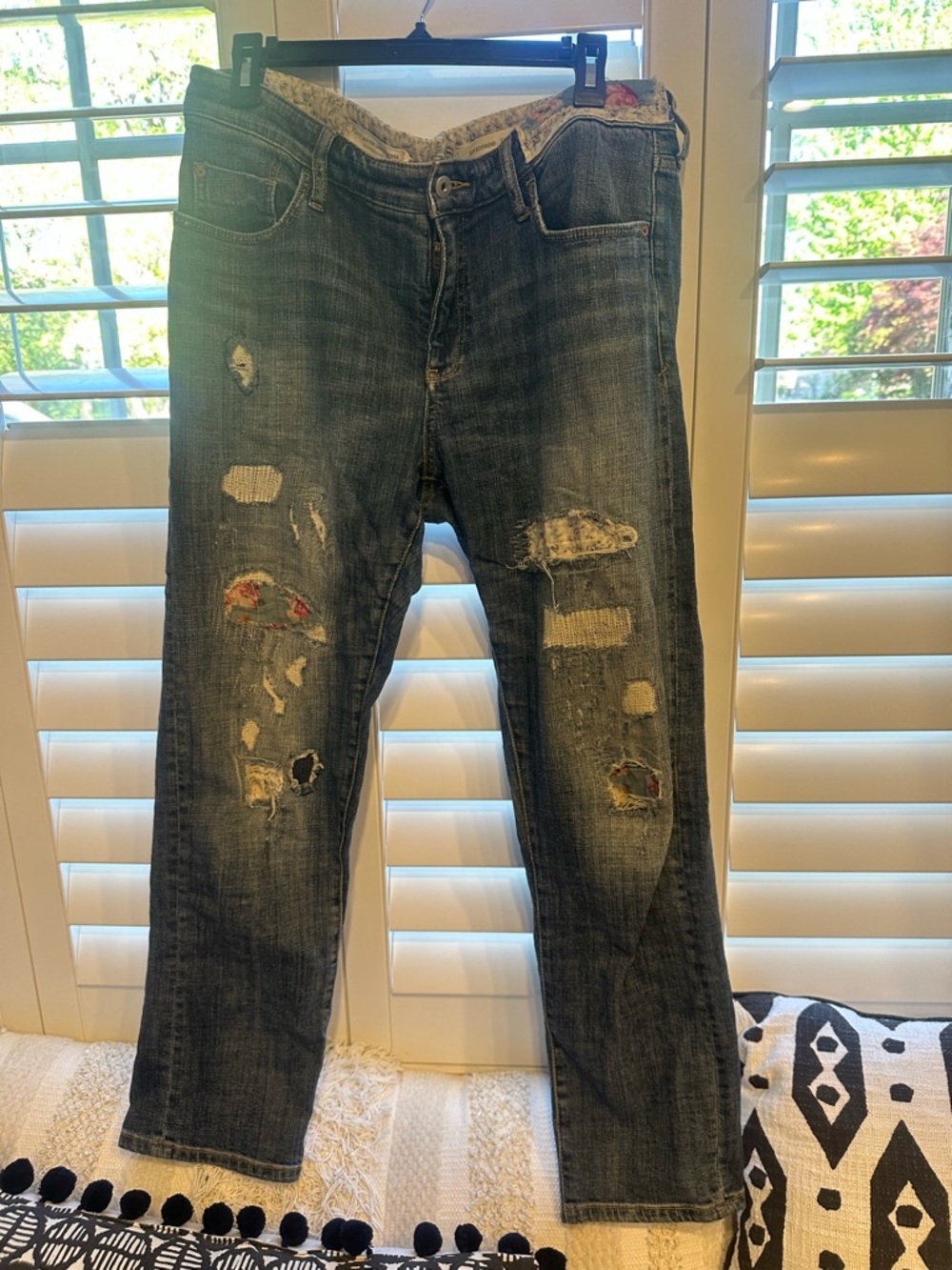 Anthropologie Distressed Midwash Blue Straight Jeans with pretty print patching
